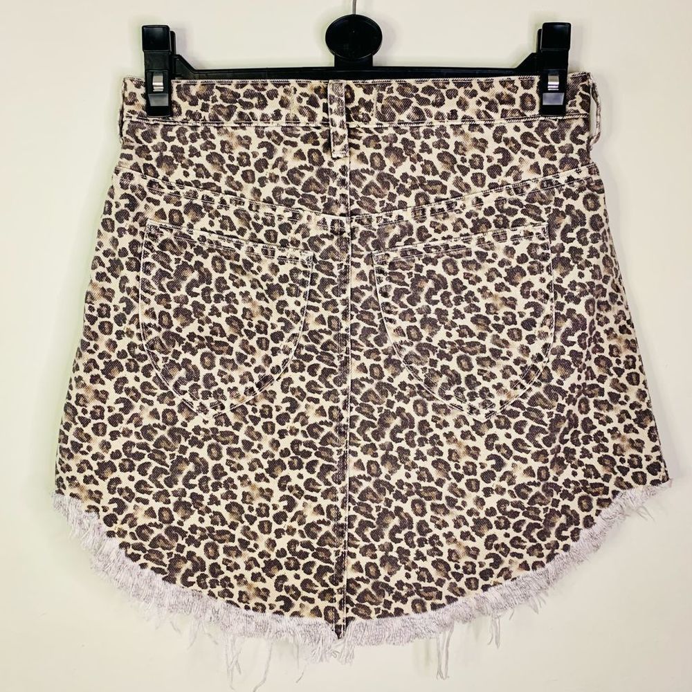 Free People Bailey Denim Mini Skirt Leopard Print Frayed Hem Jean Skirt - Picture 7 of 14